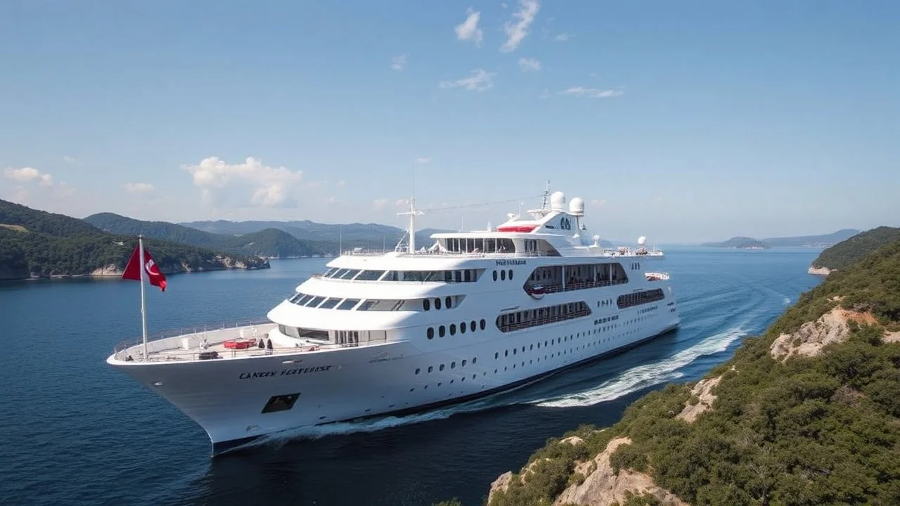 The description should capture the elegance of the ship, the beauty of the surrounding landscape,
