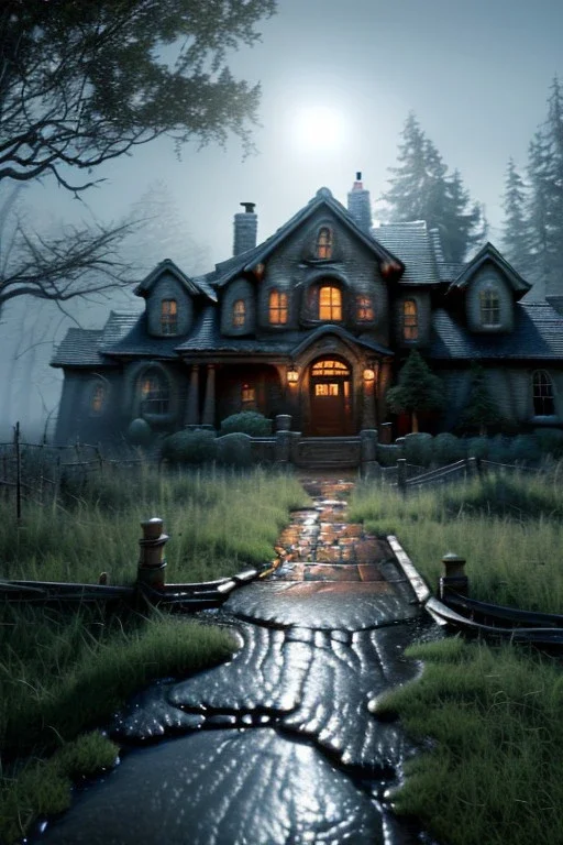 Realistic scene of monster house. Night, fog. highly detailed, concept art, smooth, unreal engine 5, god rays, ray tracing, RTX, lumen lighting, ultra detail, volumetric lighting, 3d, finely drawn, high definition, high resolution.