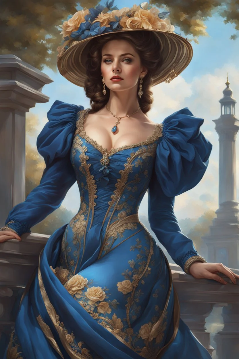 Beautiful woman, the most detailed portrait, the best quality 8k blue dress, Wonderful woman of the Victorian era walks along the park style of the artist Razumov, Volegov , sf, intricate artwork masterpiece, ominous, matte painting movie poster, golden ratio, trending on cgsociety, intricate, epic, trending on artstation, by artgerm, h. r. giger and beksinski, highly detailed, vibrant, production cinematic character render, ultra high quality model fashion show pose