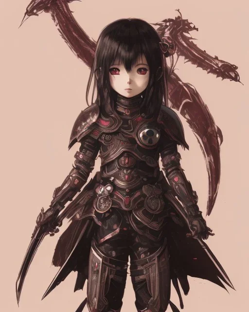 Detailed anime child girl, dark brown hair, black and red dragon scale armour, intricate details, full body portrait, keep head in frame, slight smile, black Japanese motif, concept art, highly detailed, digital painting, concept art, sharp focus, illustration, art by Yoji Shinkawa, WLOP and greg rutkowski and alphonse mucha and artgerm and yanjun Chen and Junji ito and Makoto Shinkai, HDR, octane render