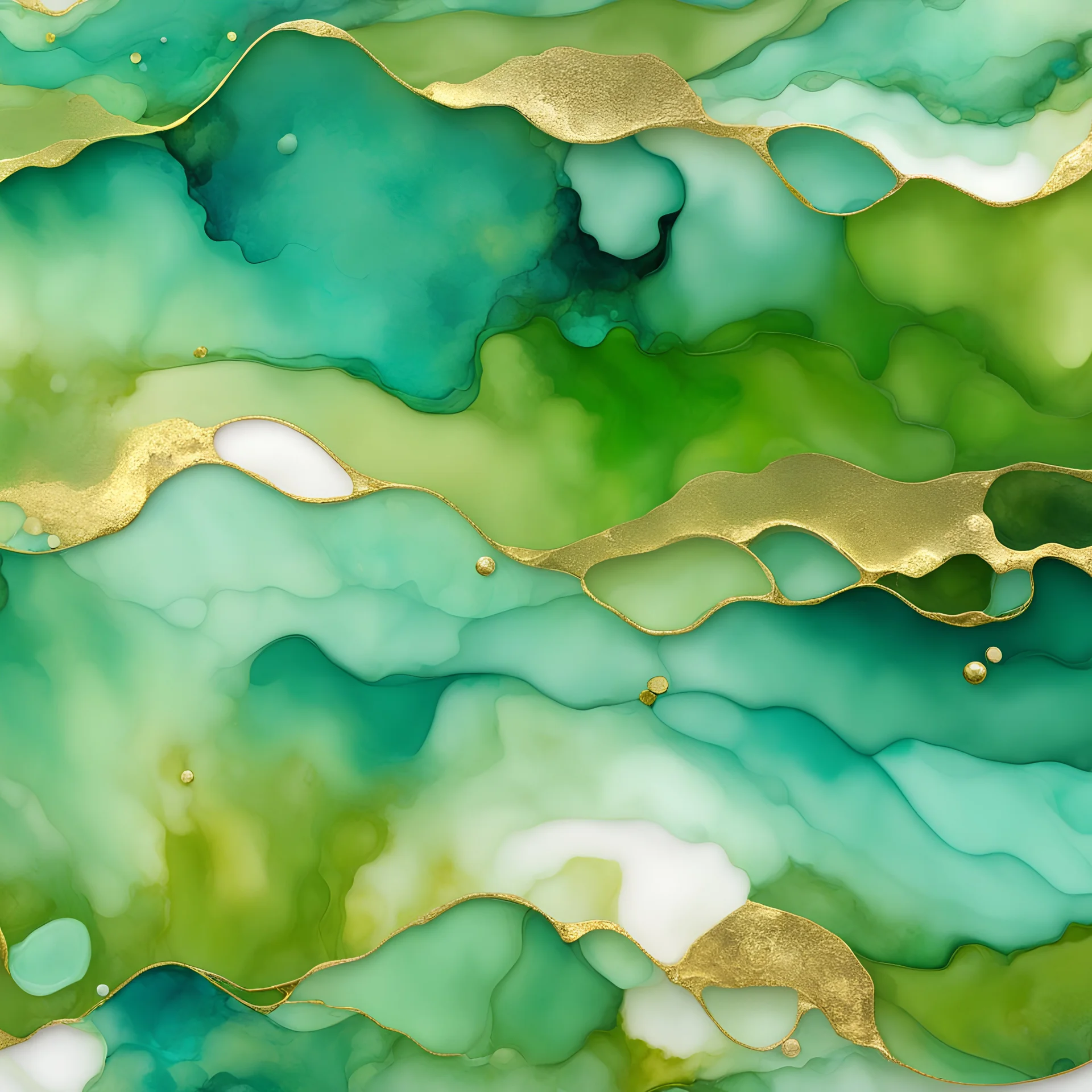 Alcohol ink art tile pattern. Vibrant, fantasy, delicate, ethereal. Sea. Shades of lime green, cyan, aqua, white. waves on shore. Background gold ink drip.