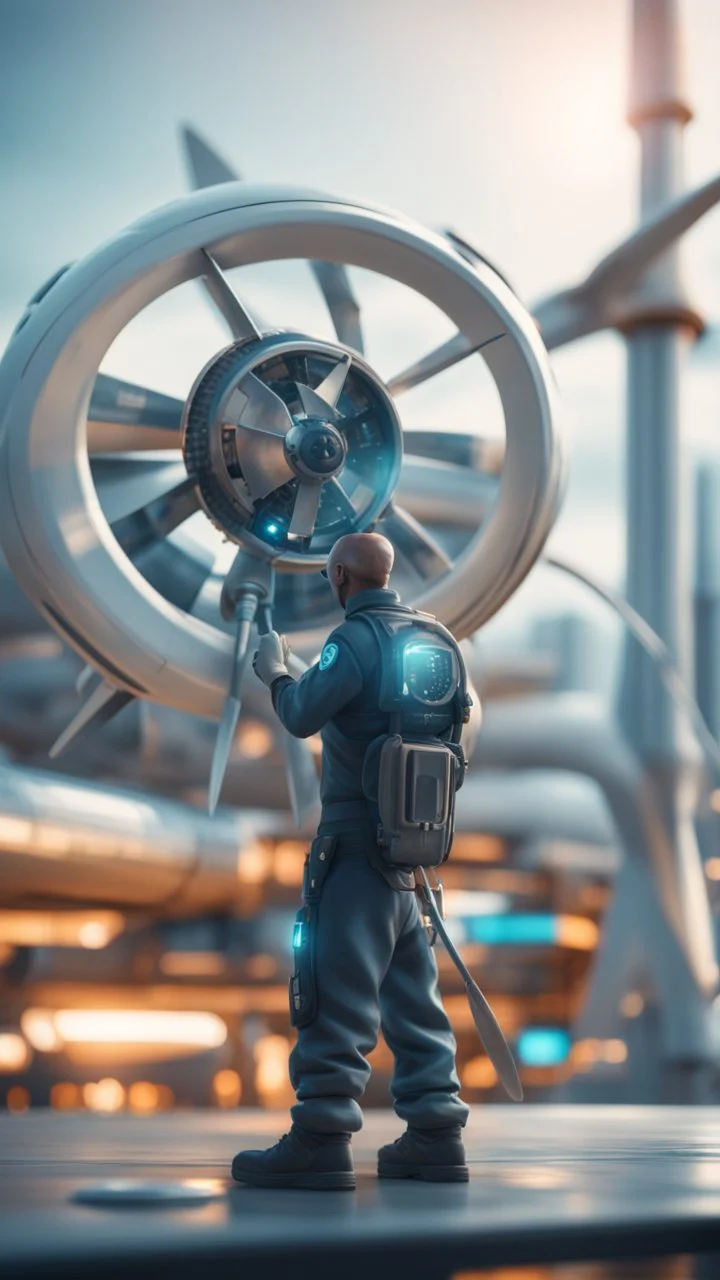 alien janitor operating futuristic wind turbine,bokeh like f/0.8, tilt-shift lens 8k, high detail, smooth render, down-light, unreal engine, prize winning