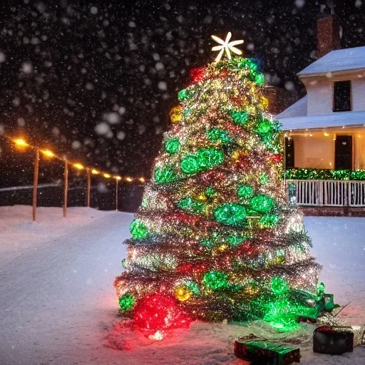 Christmas tree with lights, decorations and wrapped presents underneath in a snowy yard