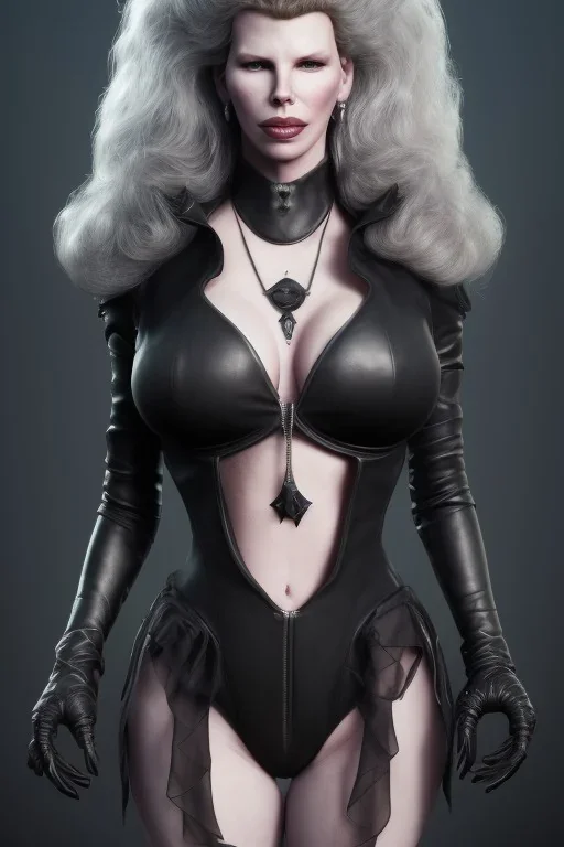 Kim Basinger as evil queen in black leather, busty, cleavage, curvy, angry, happy, stern look. character design by cory loftis, fenghua zhong, ryohei hase, ismail inceoglu and ruan jia. unreal engine 5, artistic lighting, highly detailed, photorealistic, fantasy