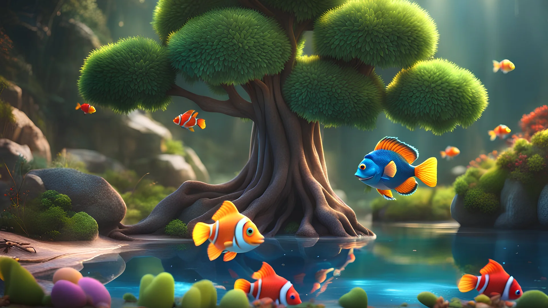 3D tech, Ultra-High-Definition (UHD) cinematic character rendering, Aim for hyper-detailed 8K add depressed tree, add stream with colorful fantasy happy fish. Disney and childrens book style.