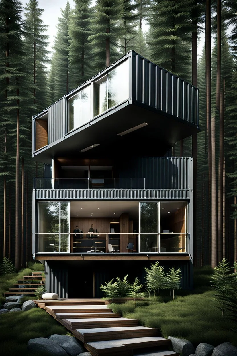Medium-sized house in the woods made from shipping containers, photorealistic