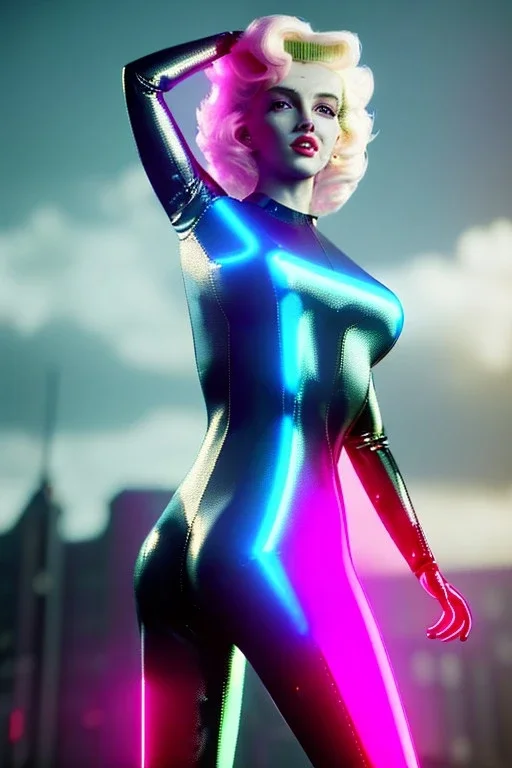 Realistic movie image, retro sci-fi, portrait, blonde cyber woman, sweet Marylin Monroe face, perfect iris, glow eyes. tight latex tights suit. Retro Futuristic city, cars flying. epic style, vibrant color, highly detailed, unreal engine 5, ray tracing, RTX, lumen lighting, ultra detail, volumetric lighting, 3d, finely drawn, high definition, high resolution.