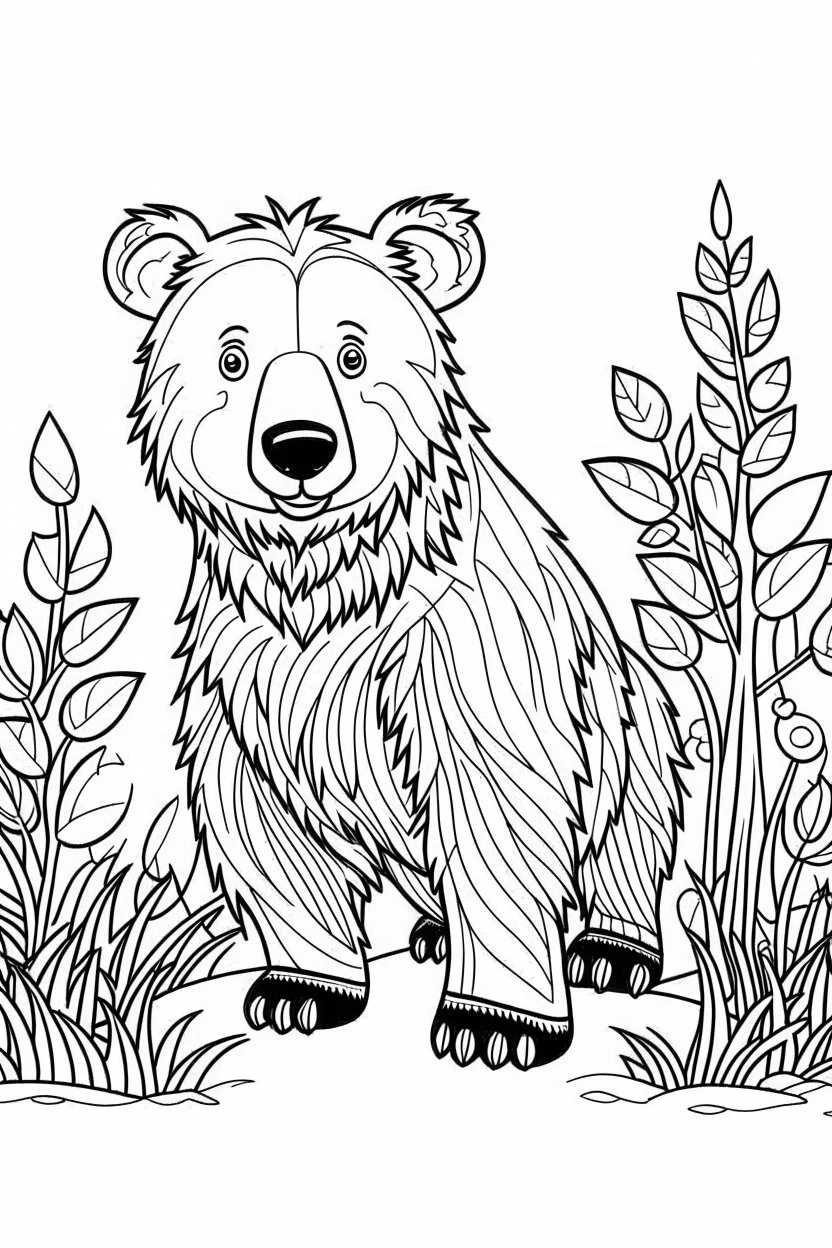 b/w outline art for kids coloring book page Animal-themed, coloring pages, hd bear in it's Habitat, full white, adults style, white background, whole body, Sketch style, full body (((((white background))))), only use outline., cartoon style, line art, coloring book, clean line art, Sketch style, line-art