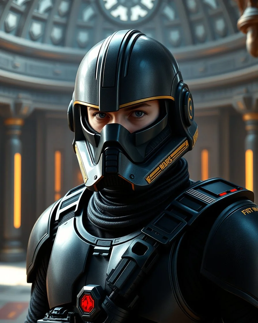 star wars bald male corellian pilot wearing pearlescent black and gunmetal grey First Order special forces heavy assault armor and helmet with gold and metallic red trim and visor inside the jedi temple, centered portrait, hyperdetailed, dynamic lighting, hyperdetailed background, 8k resolution, volumetric lighting, light skin, fully symmetric details