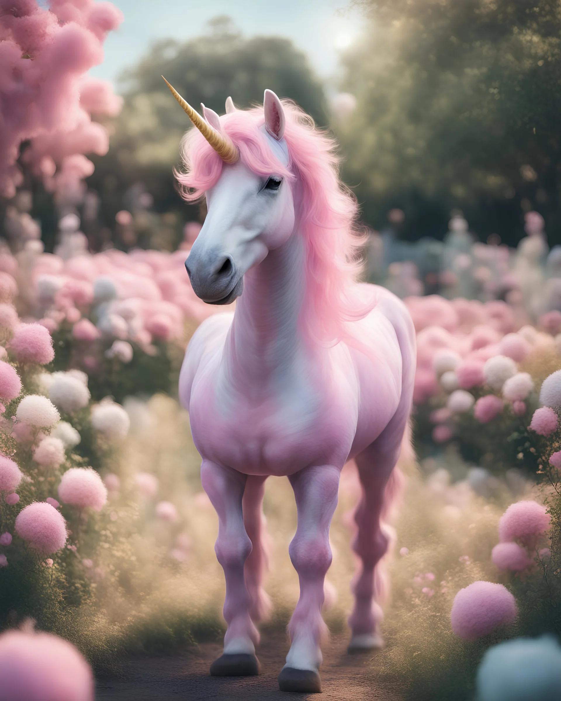 cotton candy unicorn, cute, smiling, full body, daytime, hyperrealism, portrait, beautiful flower garden background, candid photojournalism, grainy realistic, warm dappled lighting, low focus field Depth, 16mm film quality with grain, Pantone analog style, rim lighting, perfect tones, sharp fine details, highly detailed,