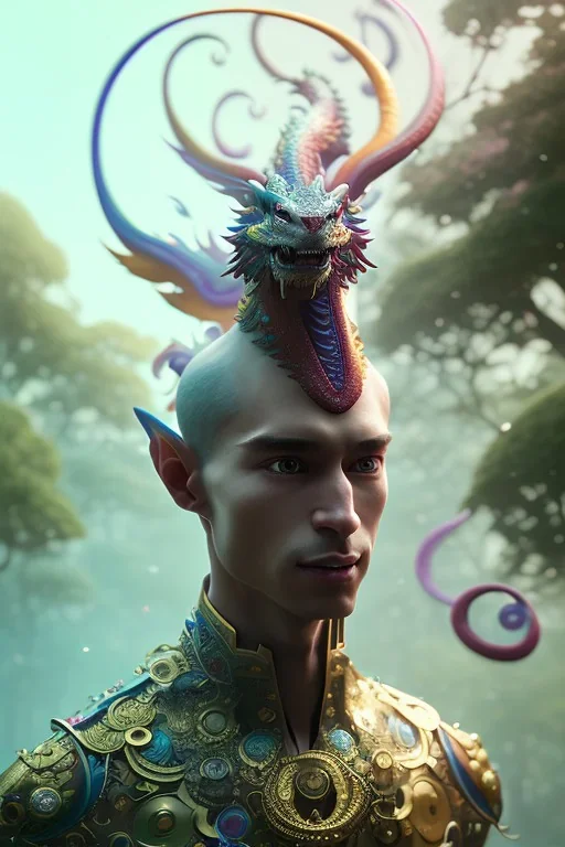 award winning portrait of a male anthropomorphic rainbow dragon gay long vblack hair. character design by cory loftis, fenghua zhong, ryohei hase, ismail inceoglu and ruan jia. unreal engine 5, artistic lighting, highly detailed, photorealistic, fantasy