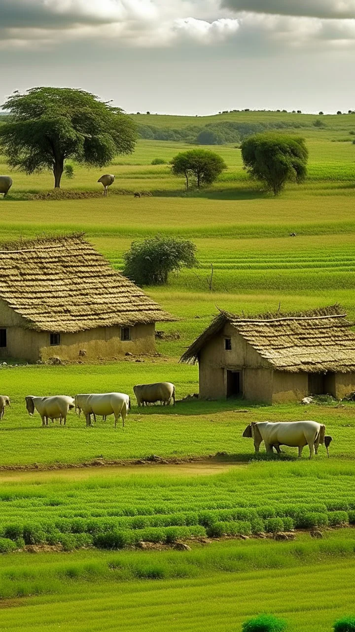 mud houses, farm land, farmers grazing