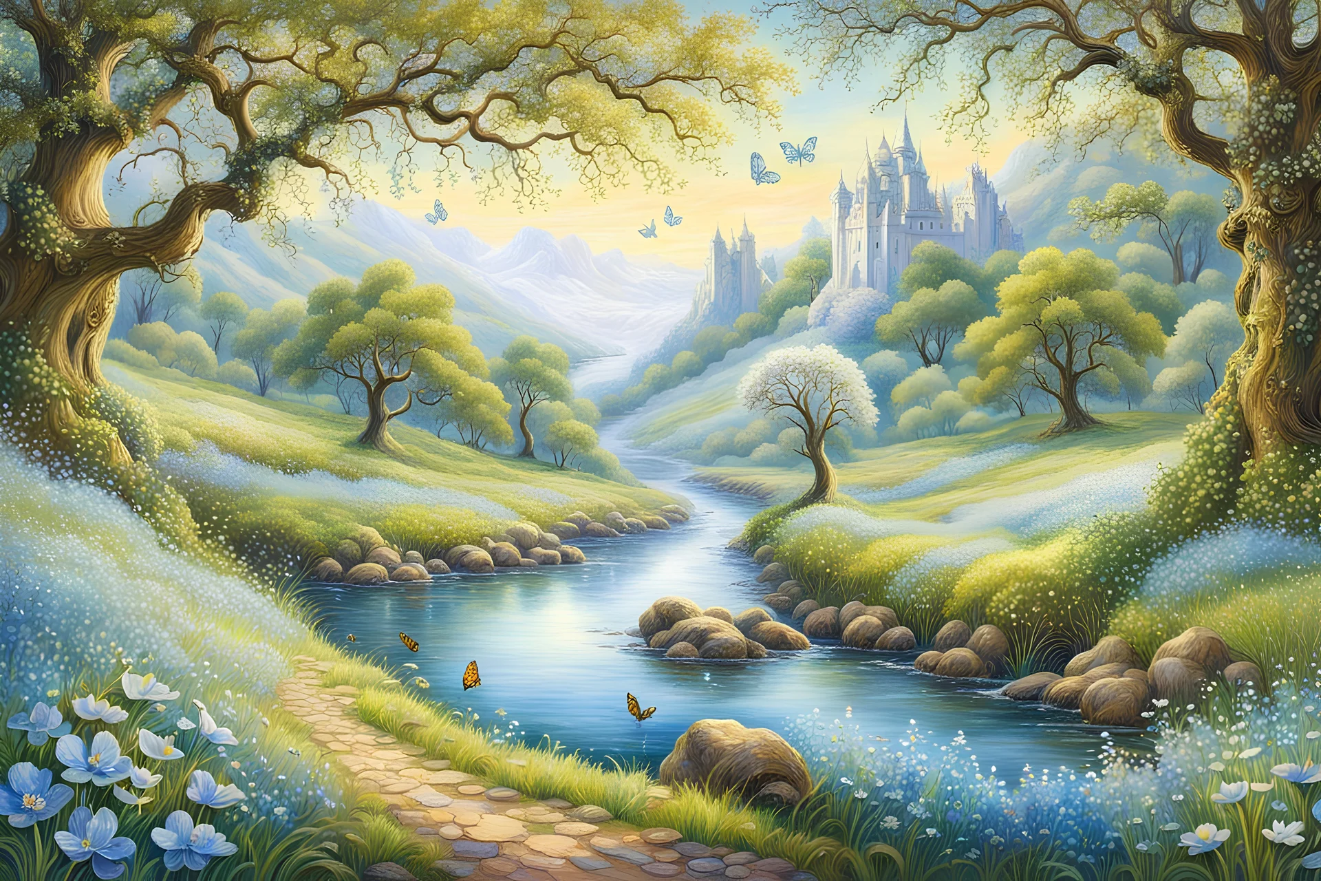 In the style of Josephine Wall, Spring, magical forest with huge old oak trees, a river running from back to front, grassy river banks with pale blue and white wildflowers, butterflies and birds, clear sunny day, detailed, professional art