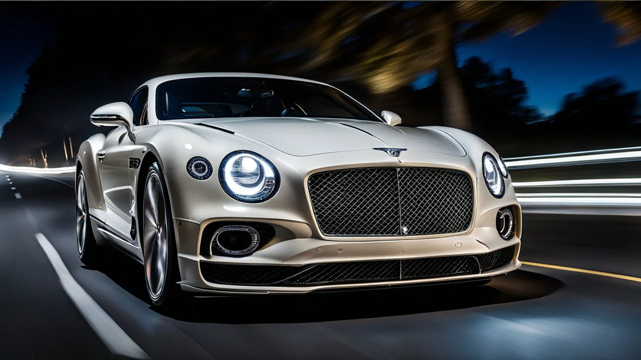 A sleek white shiny (((bentley porsche combination))), its contours and details perfectly captured in a (((cinematic view))), zipping along a winding road under a beautiful blue black night sky