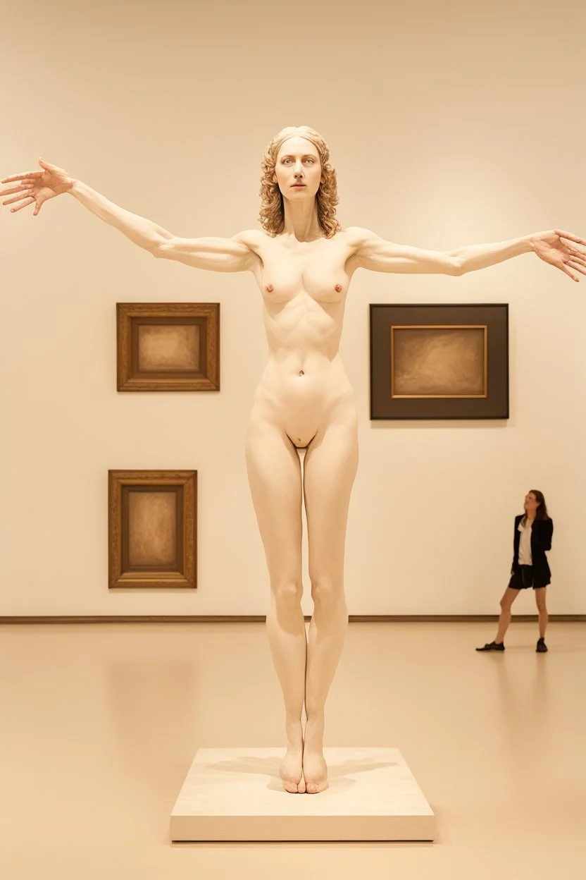 a tall slender woman is standing in front of a large white picture frame displayed on the wall of an art gallery. The frame is traditional in style but looks like and has the texture of white clay. Her arms are outstretched like da vinci’s vetruvian man, and the length of her arms and body corresponds to the width of the picture frame. Her feet are perched on a surreal small shadow rock and it looks like she is floating above calm water. The picture is without canvas but an abstract landscape em