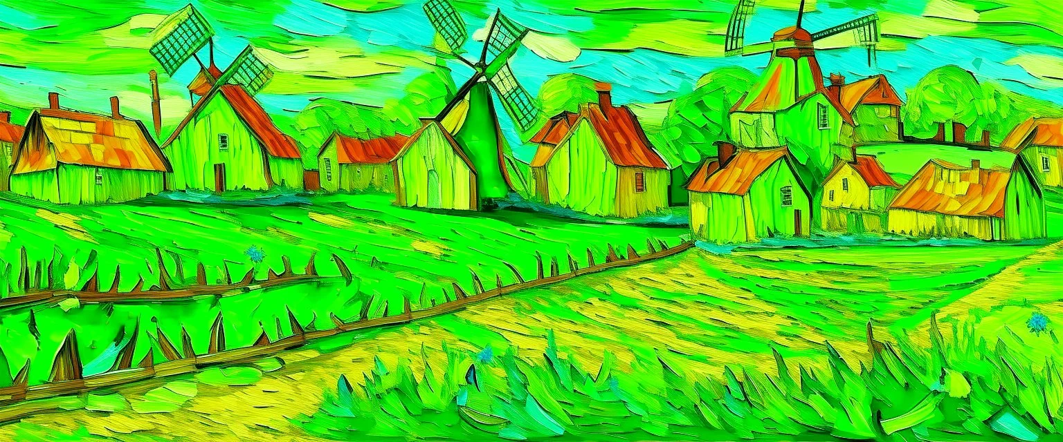 A lime green village with windmills painted by Vincent van Gogh