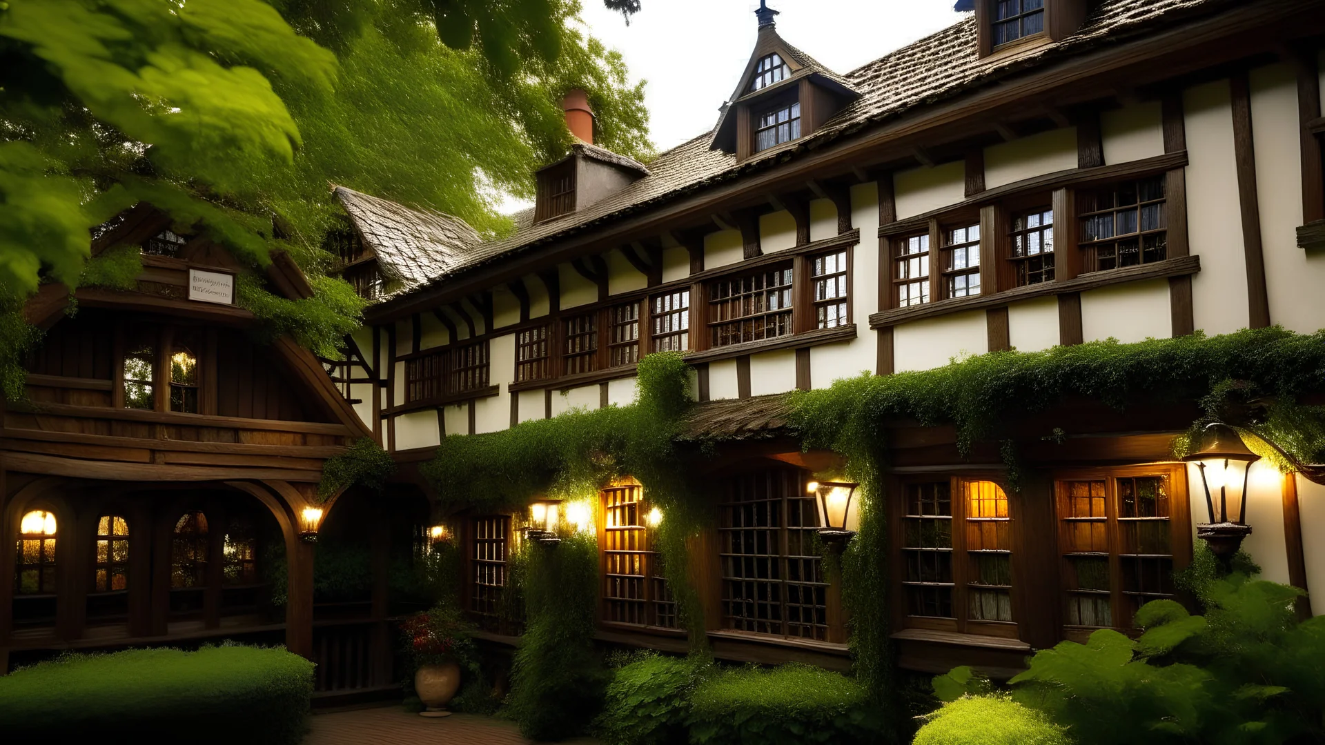 Situated at the heart of Lumin's Reach, the Quill & Scroll Inn beckons those with curious minds and a thirst for knowledge. The inn's timber-framed exterior, adorned with ivy and welcoming lanterns, blends seamlessly with the town's aesthetic, promising a cozy retreat for all who enter. The entrance is framed by climbing vines and lanterns that cast a warm, inviting glow. The wooden facade is weathered and charming, with a quaint sign swinging gently in the breeze, showcasing a quill and scroll.