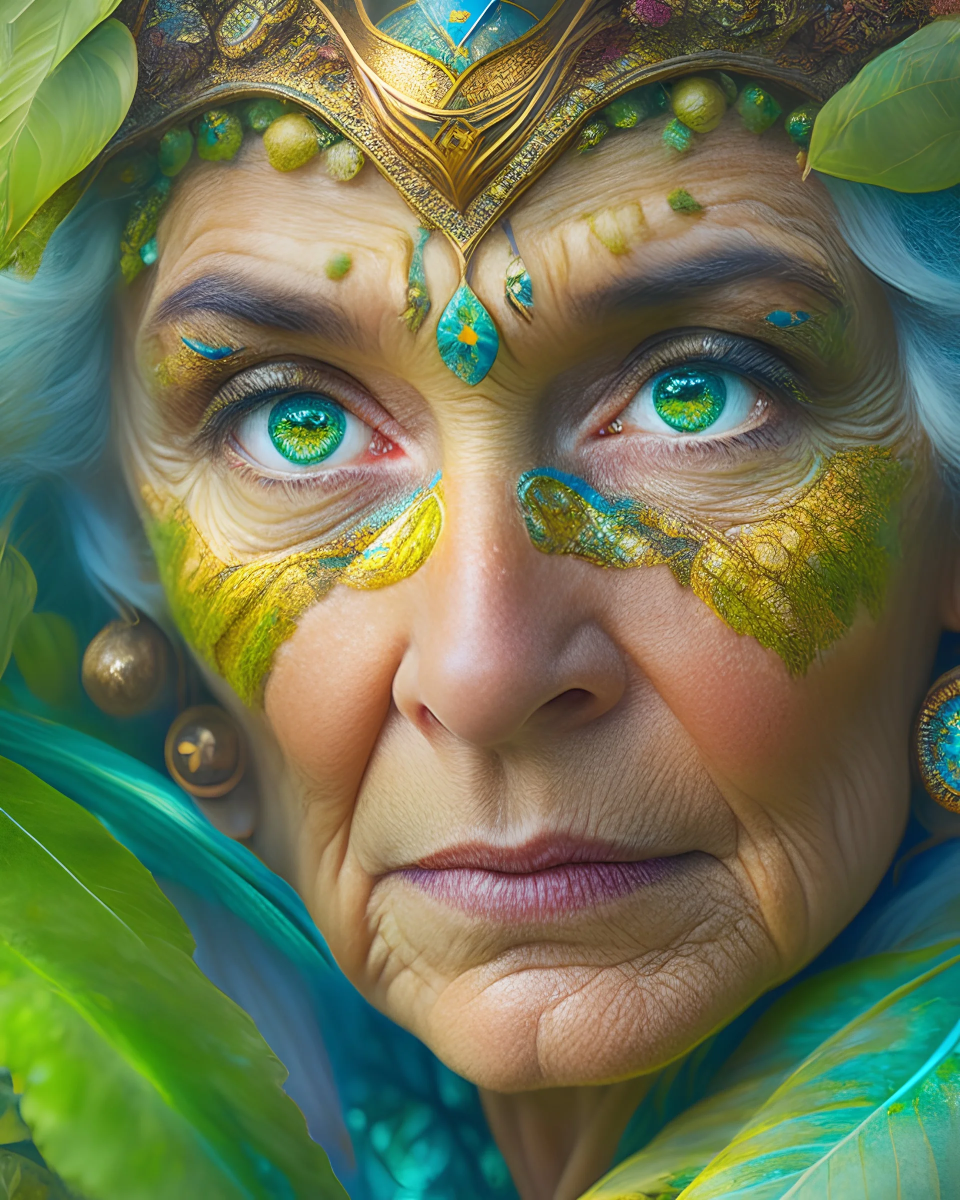 gros plan du visage d'une créature mystique féminine de 50 ans. Elle pousse avec sa main des branches de la végétation d'une forêt luxuriante d'une autre planète, et laisse ainsi apercevoir son visage. Elle a de grands yeux. Elle a une forme d'iris unique et ses pupilles sont très colorées. Elle porte des ornements et des peintures sur son visage. Quelques rayons de soleil passent à travers le feuillage dense de la forêt pour éclairer son doux visage. Elle est paisible et innocente.