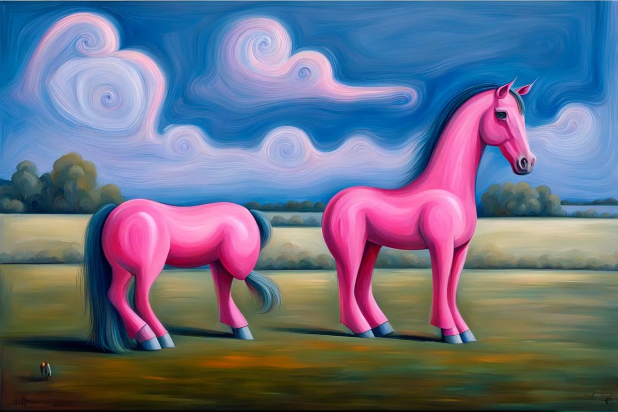 strange Big pink plastic horse.19th painting