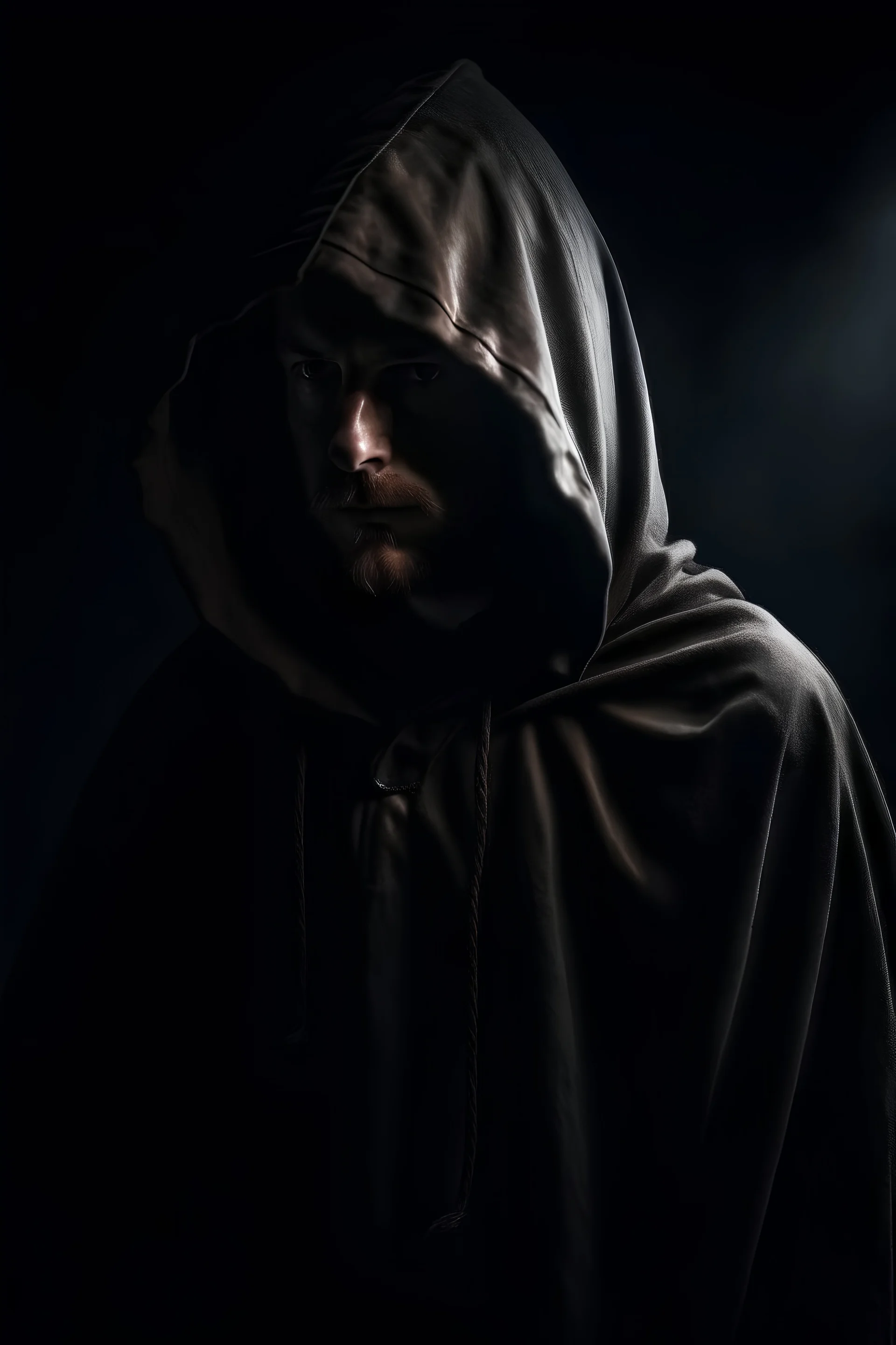 a hunter in a cape with a hood against the darkness