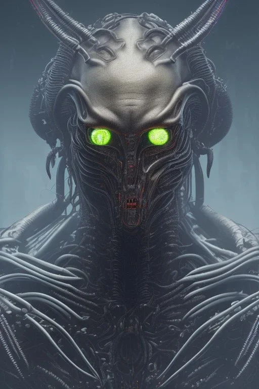 evil predator with crown, alien, brutal face, tron, head, bitcoin eyes, 8k, finely detailed, dark light, photo realistic, hr giger, cyberpunk