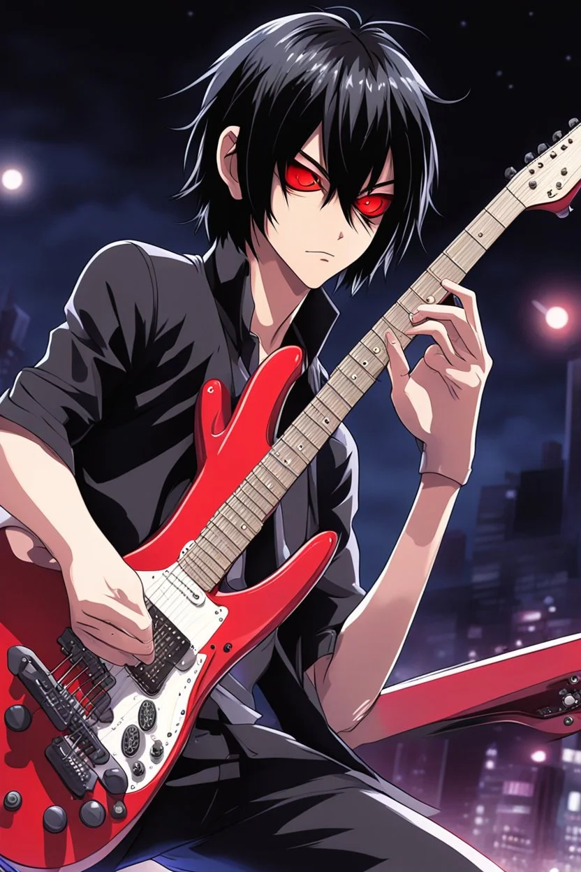 A 30 years old male guitarist playing electric guitar at a midnight concert, manly facial features, red creepy alien bug eyes, black hair, athletic build, correct hands, in the style of manga "Rosario+Vampire"