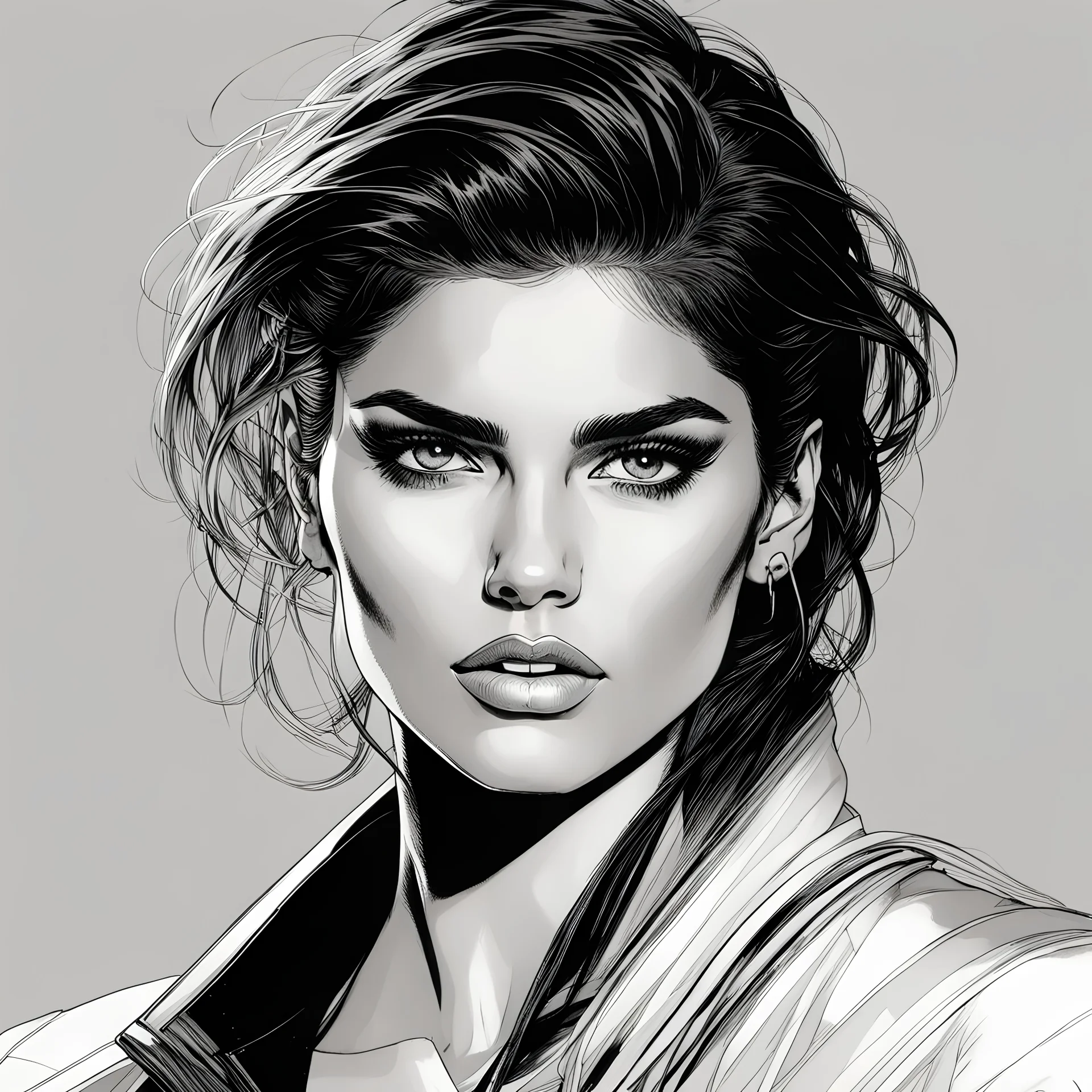 Line art illustration of sara sampaio, highly detailed facial features, ( short hair ), in the comic book art style of Bill Sienkiewicz and Frank Miller, 4k, bold and detailed inking and shading