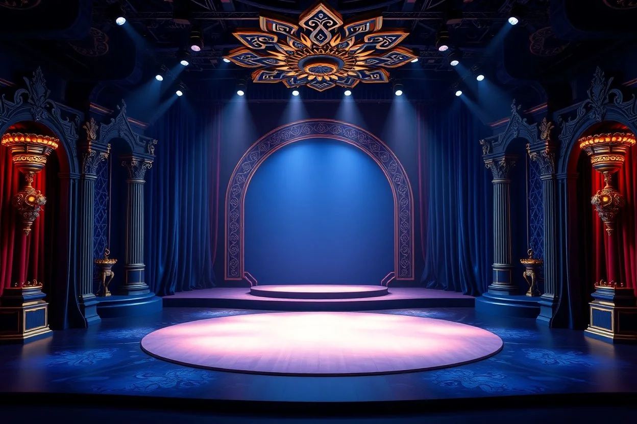 image of a Royal stage with 3d fractal base decoration with large dance area in dark blue teme