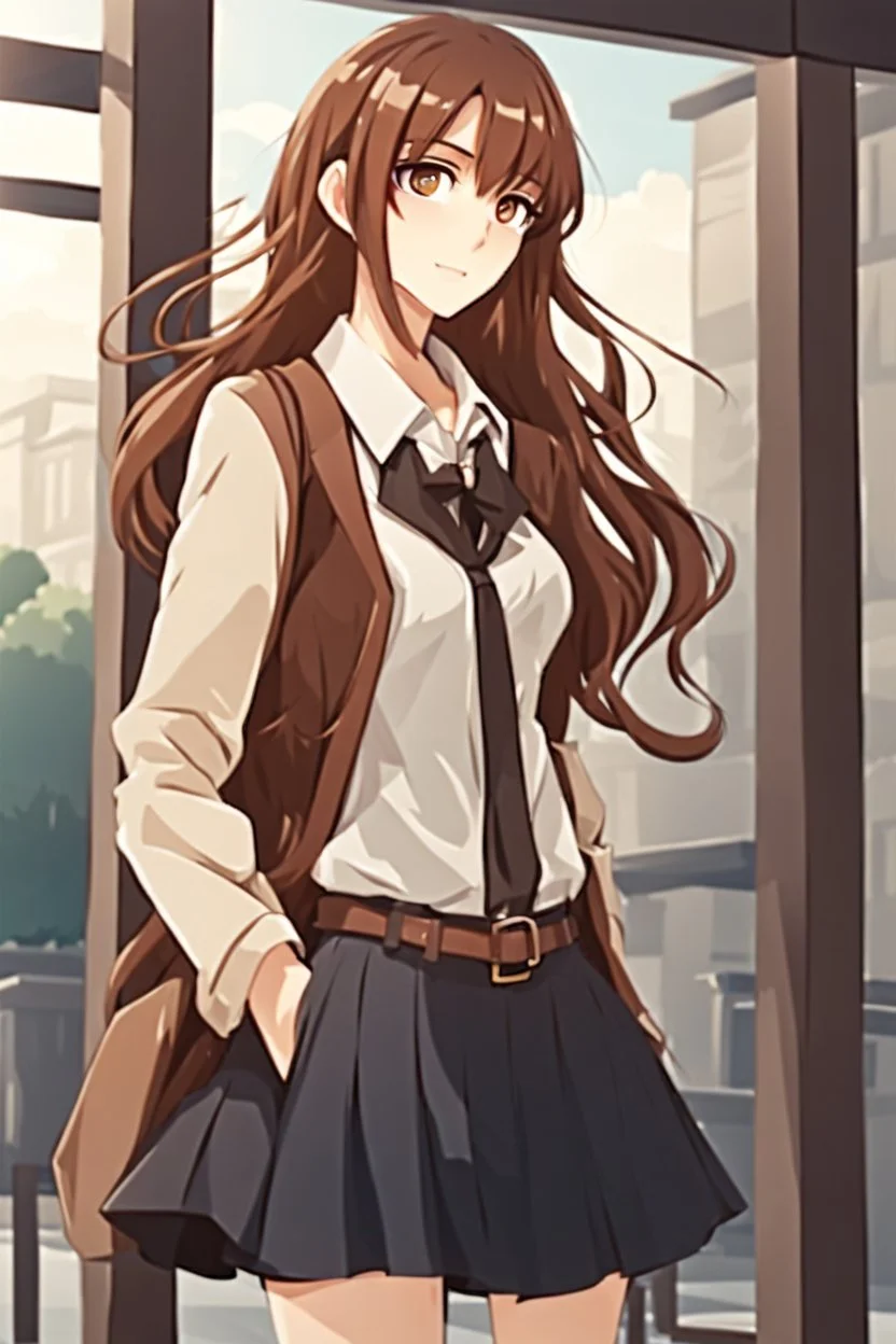 attractive anime woman with brown long hair, modern clothes, full body in frame