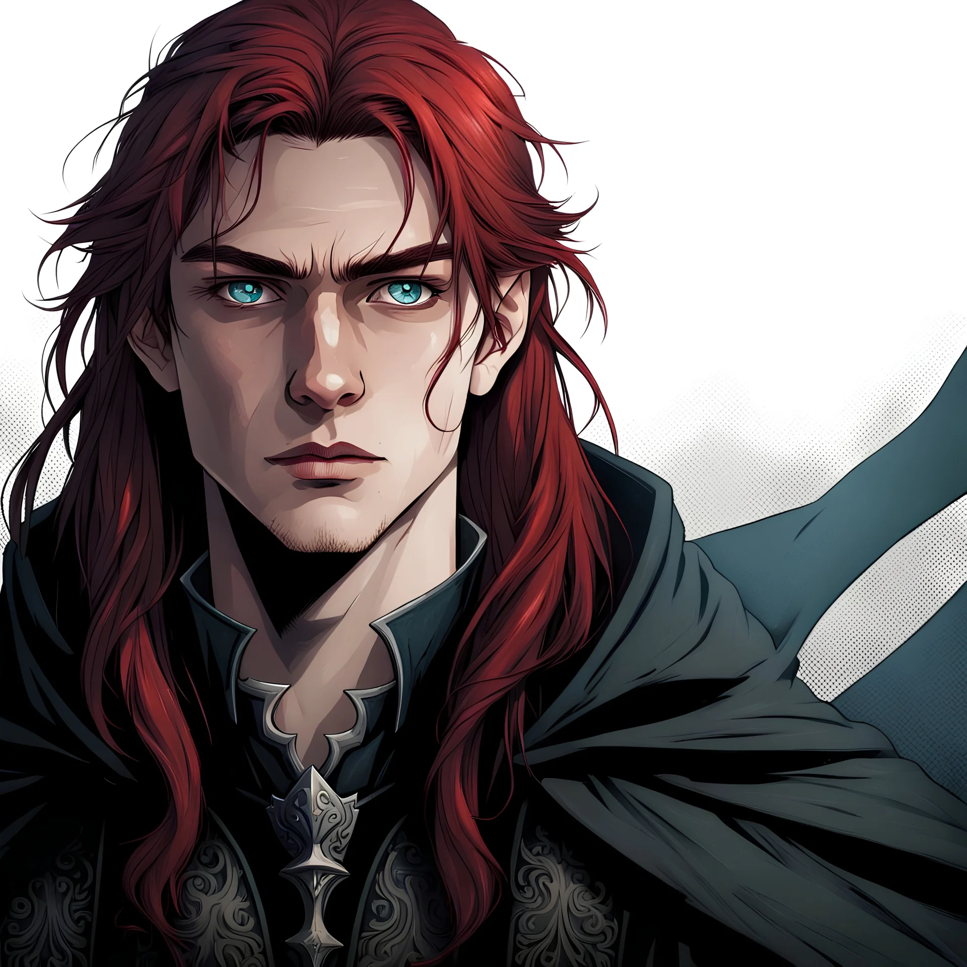 a young 19 years old half-vampire. handsome. dressed in medieval dark clothes and gray mantle. long red hair. light blue eyes. defiant look