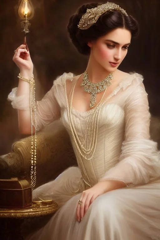 beautiful and gorgerous duchess with incredible jewellery in 19th century clothing by Greg Rutkowski and Artgerm and Emile Vernon and Vladimir Volegov, in a brown dress, mystical castle background, art illustration, natural beauty, muted colors, pastels, perfect fingers, higly detailed, expressive, high detail, symmetrical, digital painting, symmetrical eyes, dynamic lighting, artstation, cinematic lighting, intricate artwork, emitting diodes, smoke, artillery, sparks, racks, system unit, mother