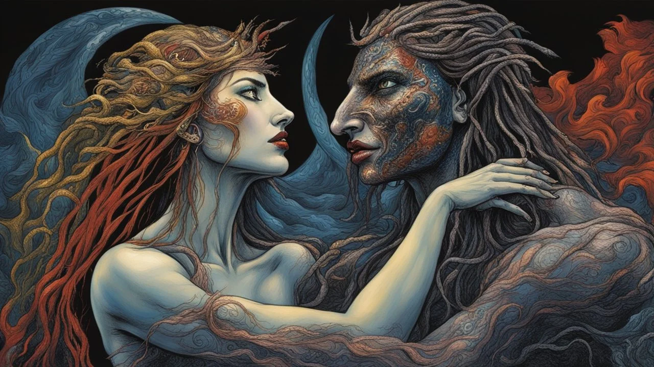 The goddess of life making out with the god of death. perfect faces. concept art, intricately detailed, color depth, dramatic, colorful background. perfect hands. Painted by Clive Barker