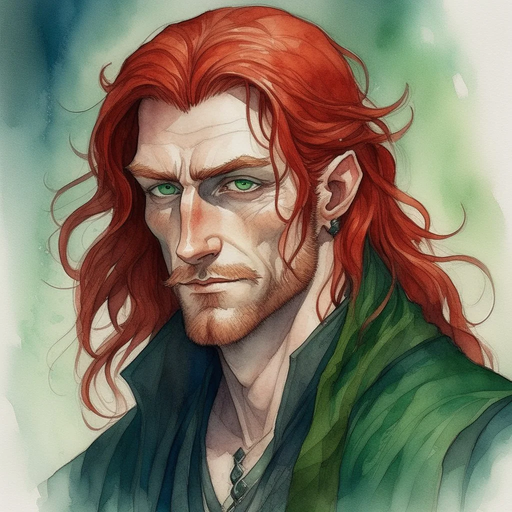 dnd, fantasy, watercolour, large strokes, stylistic, portrait, illustration, dull colours, male, face, narrow long face, weathered face, green eyes, determined, smiling, red hair, very long hair streaming down the shoulders, lush hair, radiating light, five o'clock shadow, elegant, short small mouth