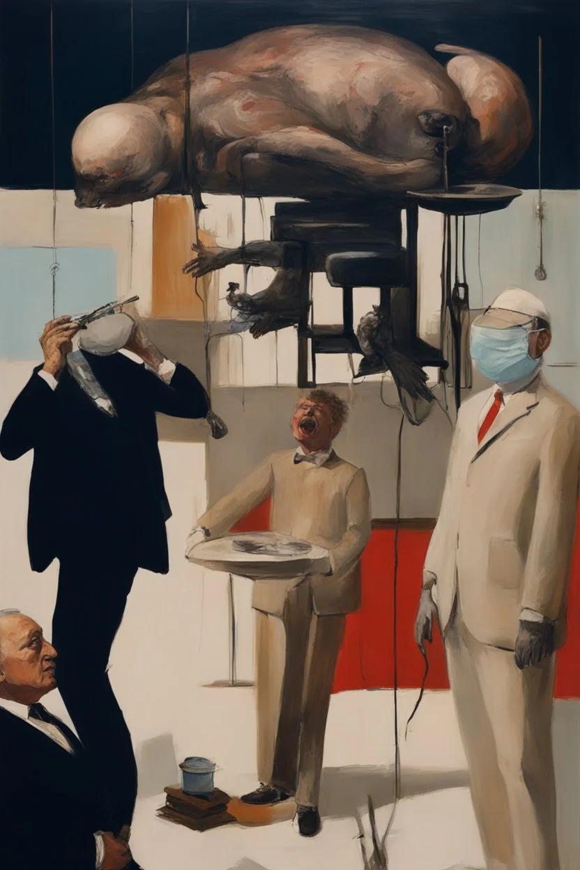 UN conference,a cat and human flesh-like surgical instruments and universe-like a pigeon and neuralink, surrealism,minimalism,Painting By Adrian Ghenie, Rene Magritte, Salvador Dali, Lucian Freud