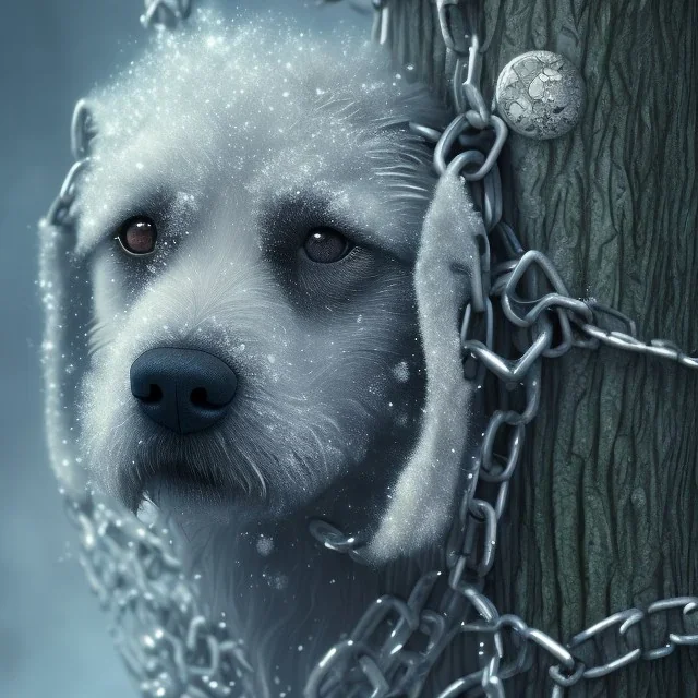 close up of sad, abandoned, miserable dog chained to a tree, robed Grim Reaper standing nearby, winter, house, 8k resolution, high-quality, fine-detail, iridescent, intricate, digital art, detailed matte, volumetric lighting, illustration, 3D octane render, brian froud, howard lyon, selina french, anna dittmann, annie stokes, lisa parker, greg rutowski