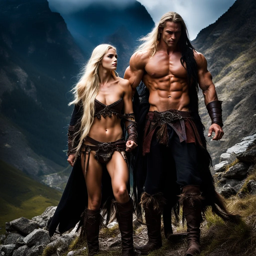 tall muscular male mountain man with long dark hair with a petit female with long blonde hair, dark fantasy,