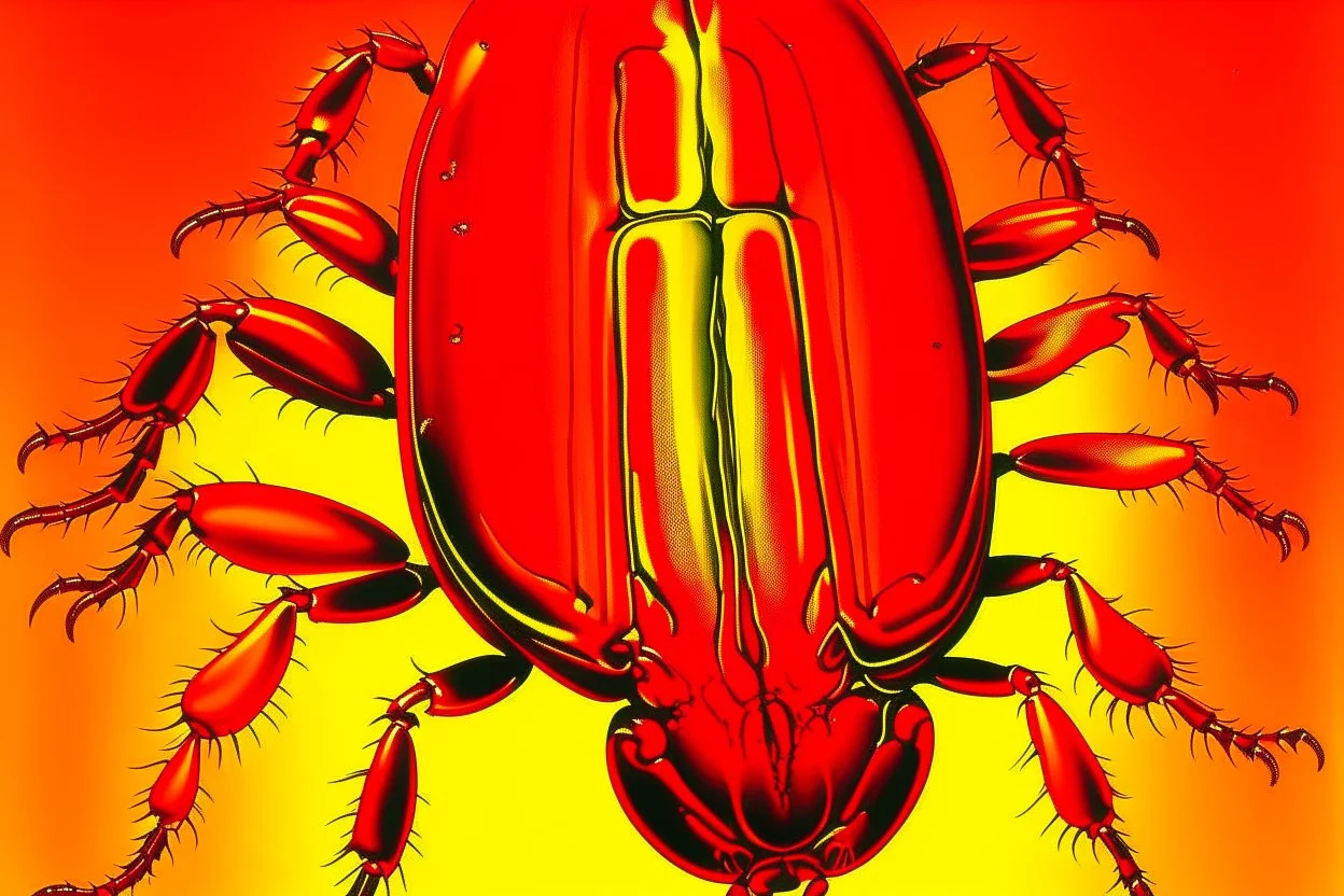 An orangish red fire elemental beetle painted by Andy Warhol