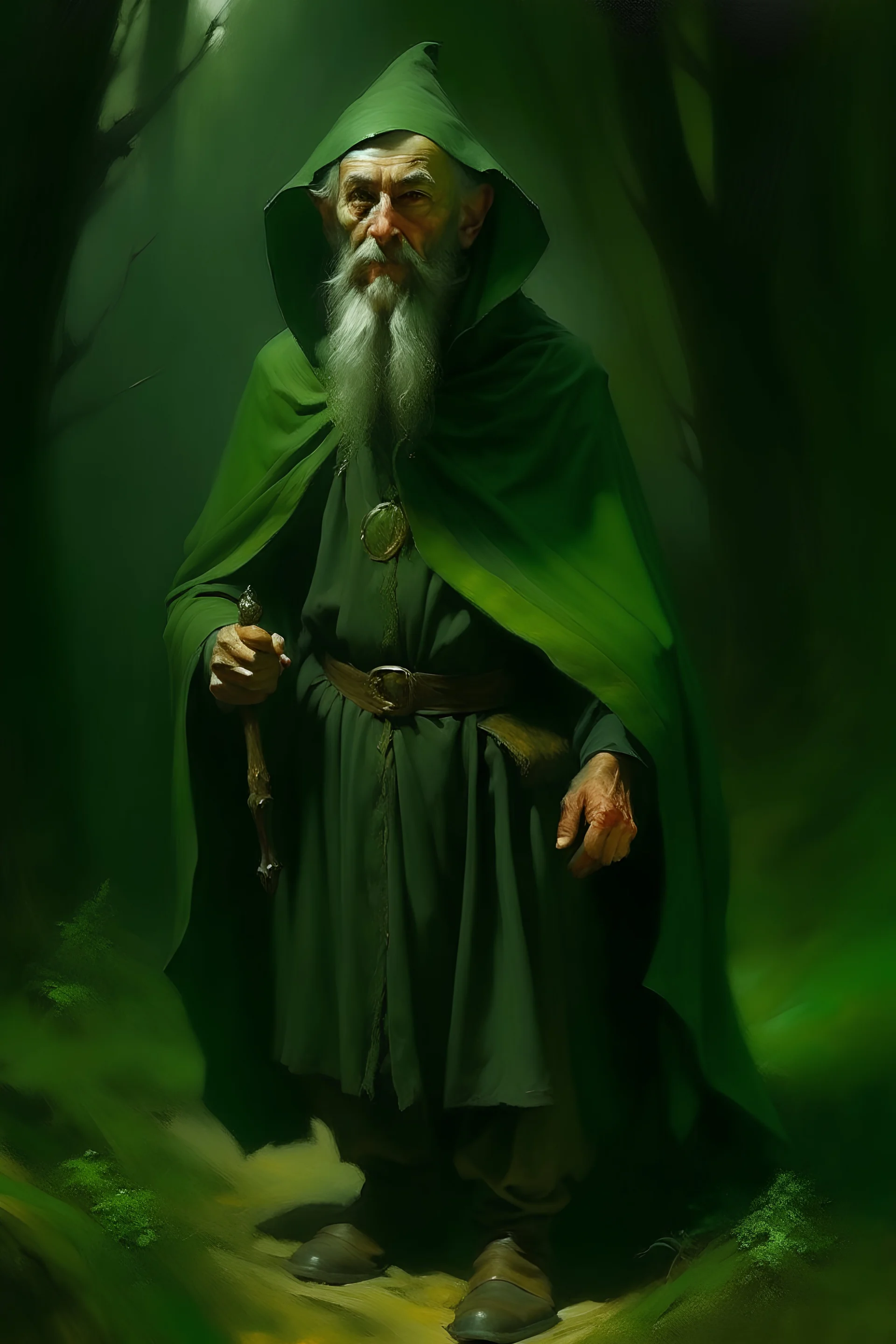 1970's dark fantasy cover dnd style oil painting of an old herbalist hobo like hero using a dark green cloack with sport outfits with minimalist far perspective. Magazine.