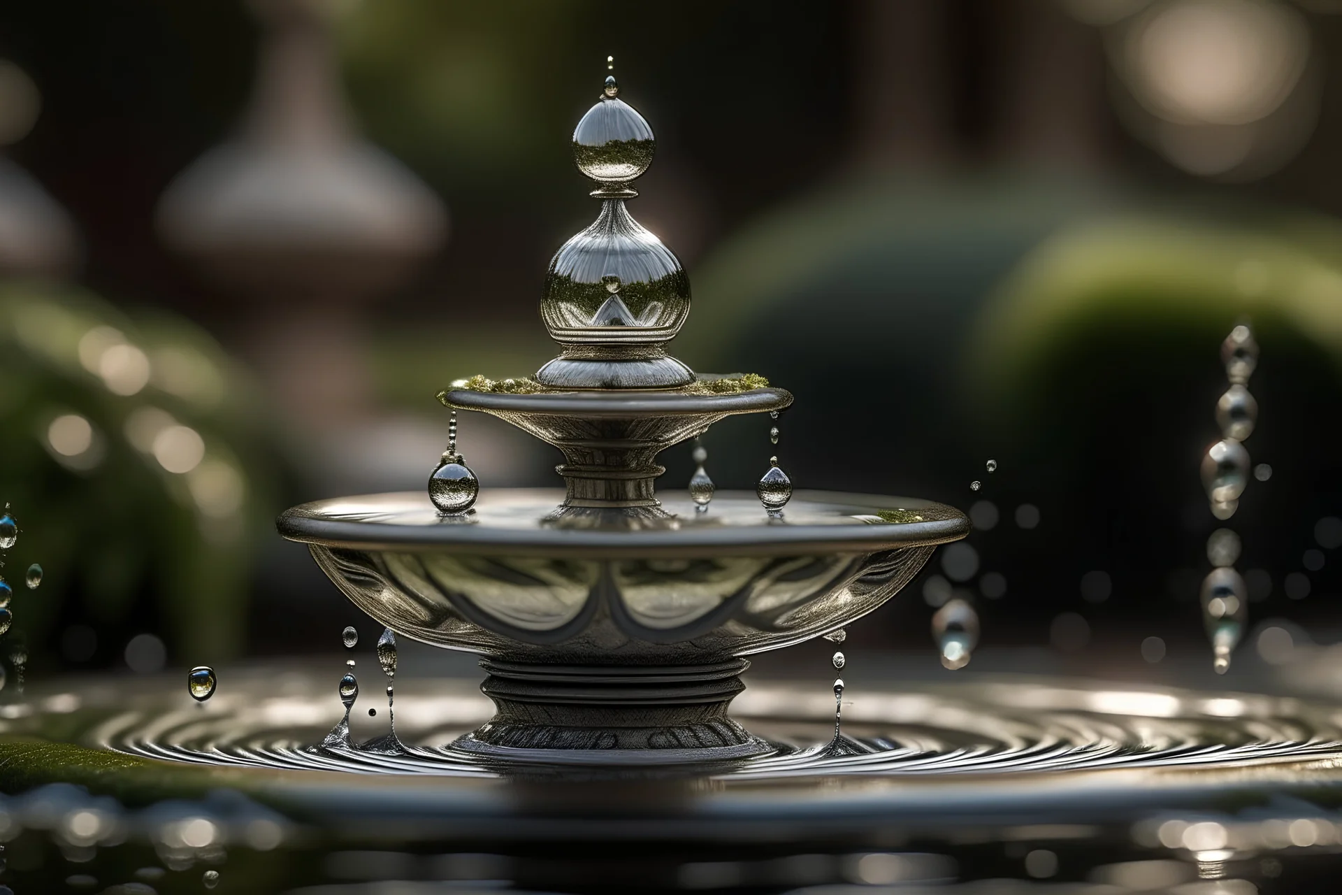 water fountain in the park alley with reflection in the water, Miki Asai macro photography, close-up, very detailed, popular on artstation, sharp focus, studio photo, intricate details, very detailed, author: greg Rutkowski