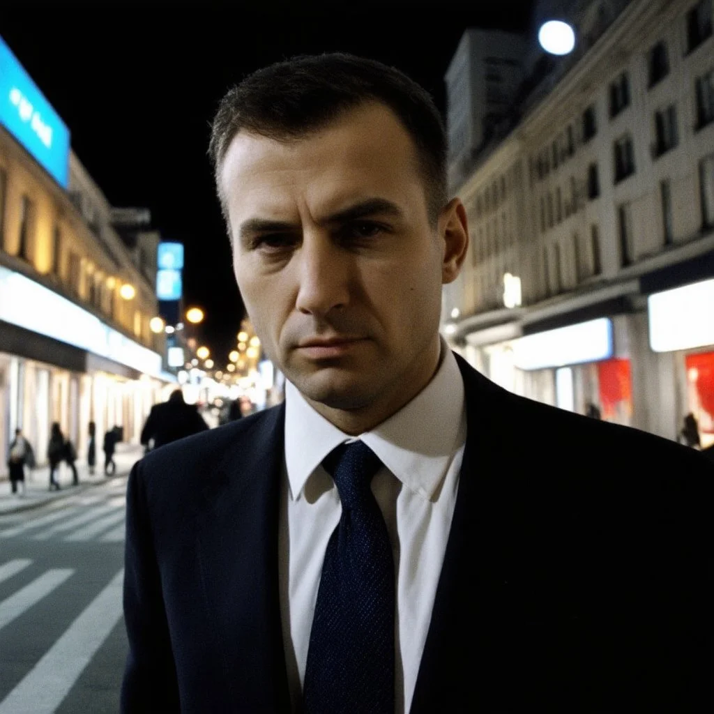 very grainy discolored photo, face portrait, night street, grunge, 2000s Russia, businessman, extremely gaunt, haughty, perfect looking, nice suit, extremely pale, inhuman