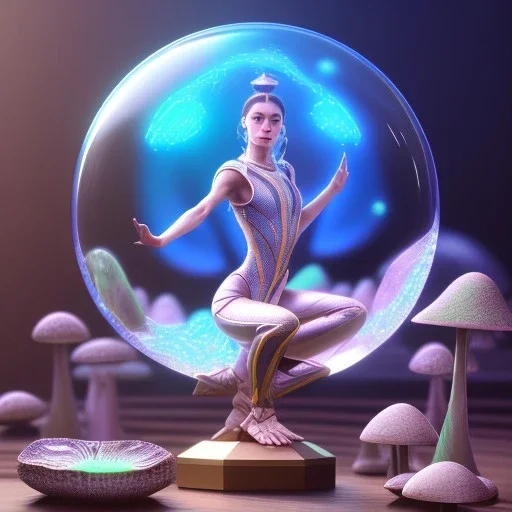 young humanoid yoga master holding up a glass shield mushroom, power surge , maze background , levitated lab equipment, 4k, Highly Detailed, Masterpiece, perfect eyes, Digital Illustration, Cinematic Lighting, Realistic, Sharp Focus, Centered, Beautifully Lit, Bioluminescent by Stanley Artgerm Lau