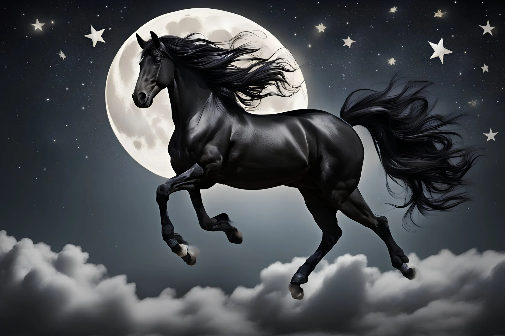 Flying glossy black horse, large moon, stars