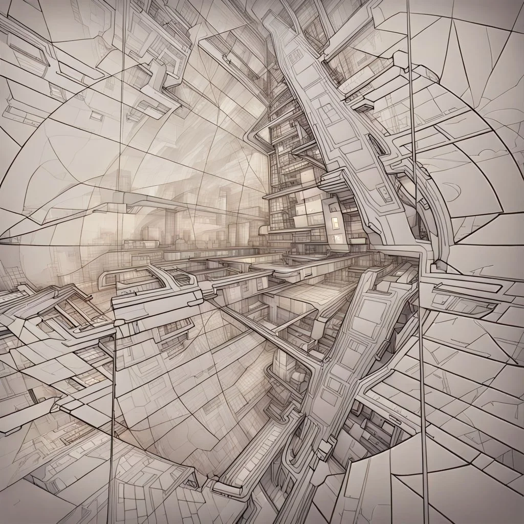 a vast dark colorful sci-fi cityscape following the blueprint outlines