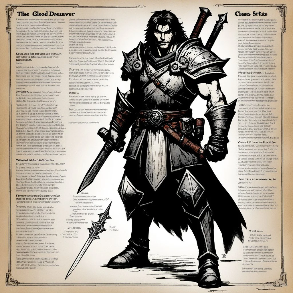 character concept sheet with AD&D statistics and characteristics, [photo by Kevin Eastman and Peter Laird] The Bloodreaver character class, power of blood that creates lights and smoky magic around, plus brutal strike