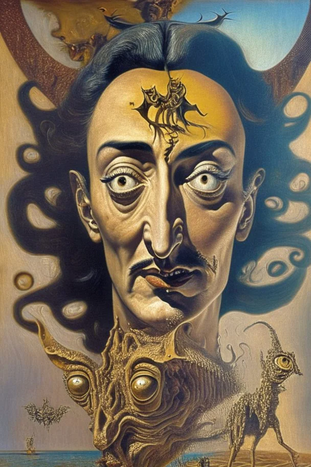 Artwork entitled "Devil's Bargain" depicting Salvador Dali's self-portrait as the woman he hated; surrealism; award-winning, intricate, insanely detailed, elegant. Right? Left?