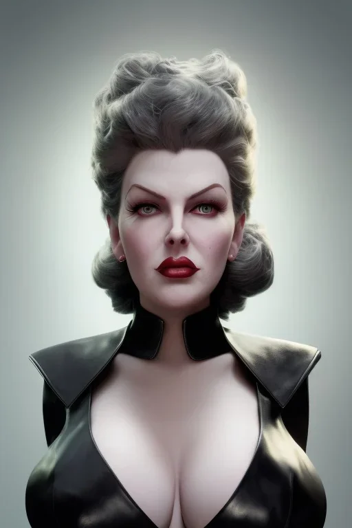 Lana Turner as evil queen in black leather, leather, busty, cleavage, angry, stern look. character design by cory loftis, fenghua zhong, ryohei hase, ismail inceoglu and ruan jia. unreal engine 5, artistic lighting, highly detailed, photorealistic, fantasy