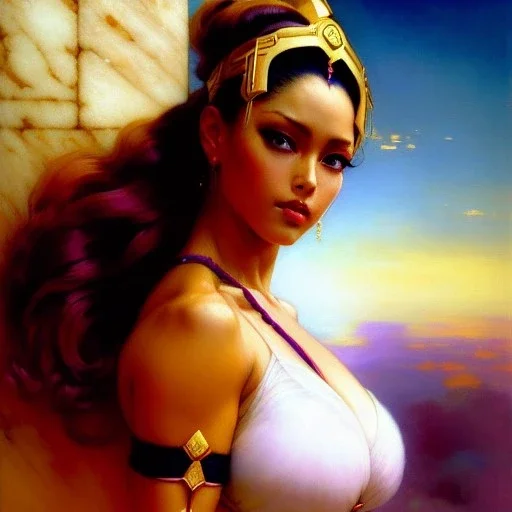 Drawing of beautiful face,busty Cammy-street fighter,intense stare,Minimal ancient armor, balanciaga fashion clothe painting by gaston bussiere, greg rutkowski, yoji shinkawa, yoshitaka amano, tsutomu nihei, donato giancola, tim hildebrandt, oil on canvas, cinematic composition, extreme detail,fit full head inside picture,16k