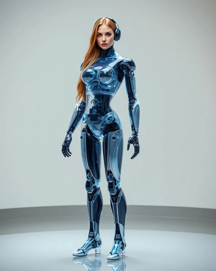 a photoshoot view fullbody all to feet beautifull Russian Supermodel long hair having humanoid body robot transparent visible glass shiny explore inside details mechanical parts