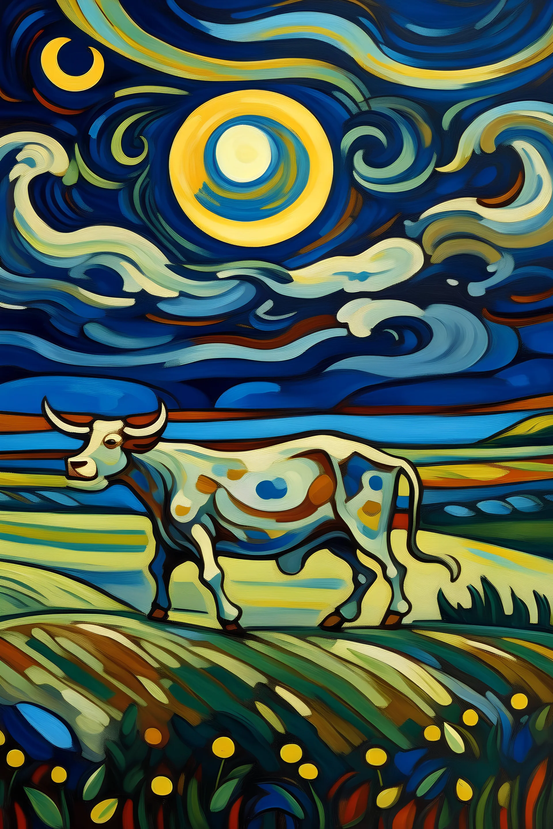 una vaca saltando en la llanura pampeana argentina bajo una luna brillante al estilo de ÉdWARD MUNCH