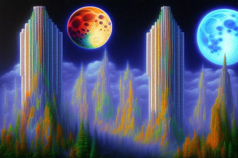 Impressionistic painting of one mile tall plastic "one moon" Canyon City Towers made out of stacked Rubik's Cubes, Orange, white, blue, green. Jewel tones